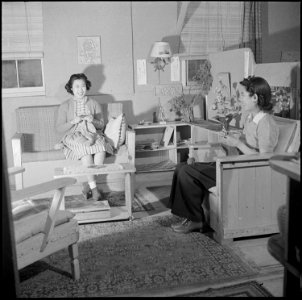Heart Mountain Relocation Center, Heart Mountain, Wyoming. Mrs. S. Nako entertains a friend, Mrs. W . . . - NARA - 539176