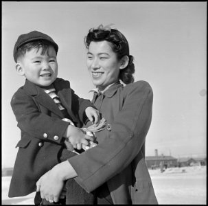 Heart Mountain Relocation Center, Heart Mountain, Wyoming. Mike and his mother Alice Hosokawa, son . . . - NARA - 539194