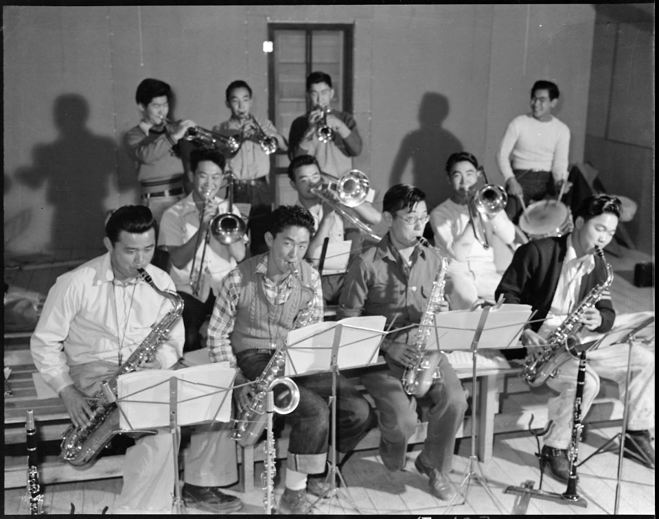 Heart Mountain Relocation Center, Heart Mountain, Wyoming. Swing Band practices - a strictly hep ga . . . - NARA - 538779