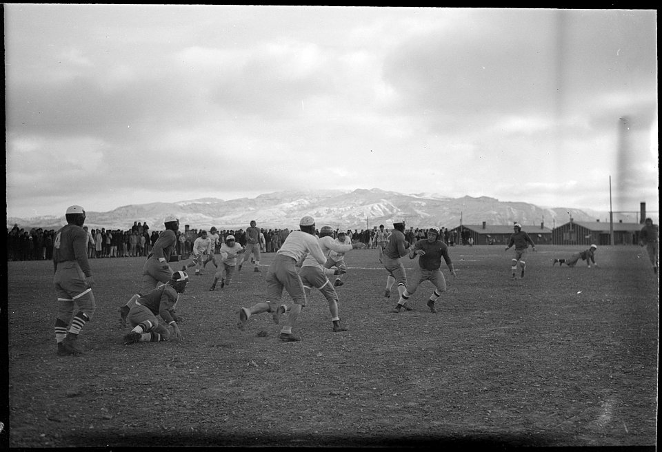 Heart Mountain Relocation Center, Heart Mountain, Wyoming. Scene during a game between the All Sta . . . - NARA - 539460
