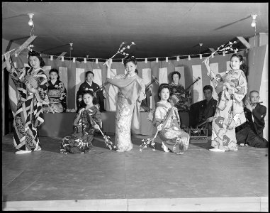 Heart Mountain Relocation Center, Heart Mountain, Wyoming. A demonstration of the theatrical folk l . . . - NARA - 538757