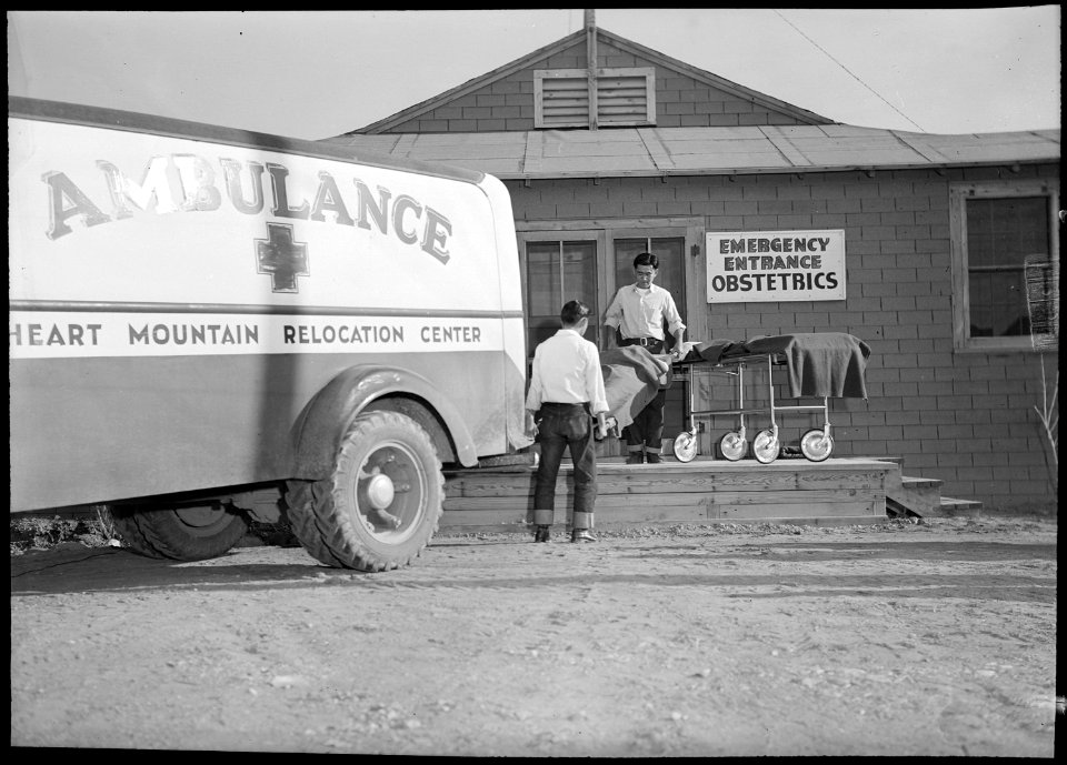 Heart Mountain Relocation Center, Heart Mountain, Wyoming. Scene at the emergancy entrance of the H . . . - NARA - 539446