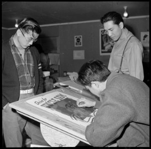 Heart Mountain Relocation Center, Heart Mountain, Wyoming. In the Poster Shop at the Heart Mountain . . . - NARA - 539268