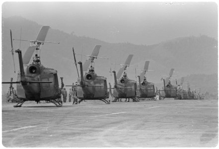 Helicopters of the 170th and the 189th Helicopter Assault Companies, await the leading of troops at Polei Kleng, in... - NARA - 531458