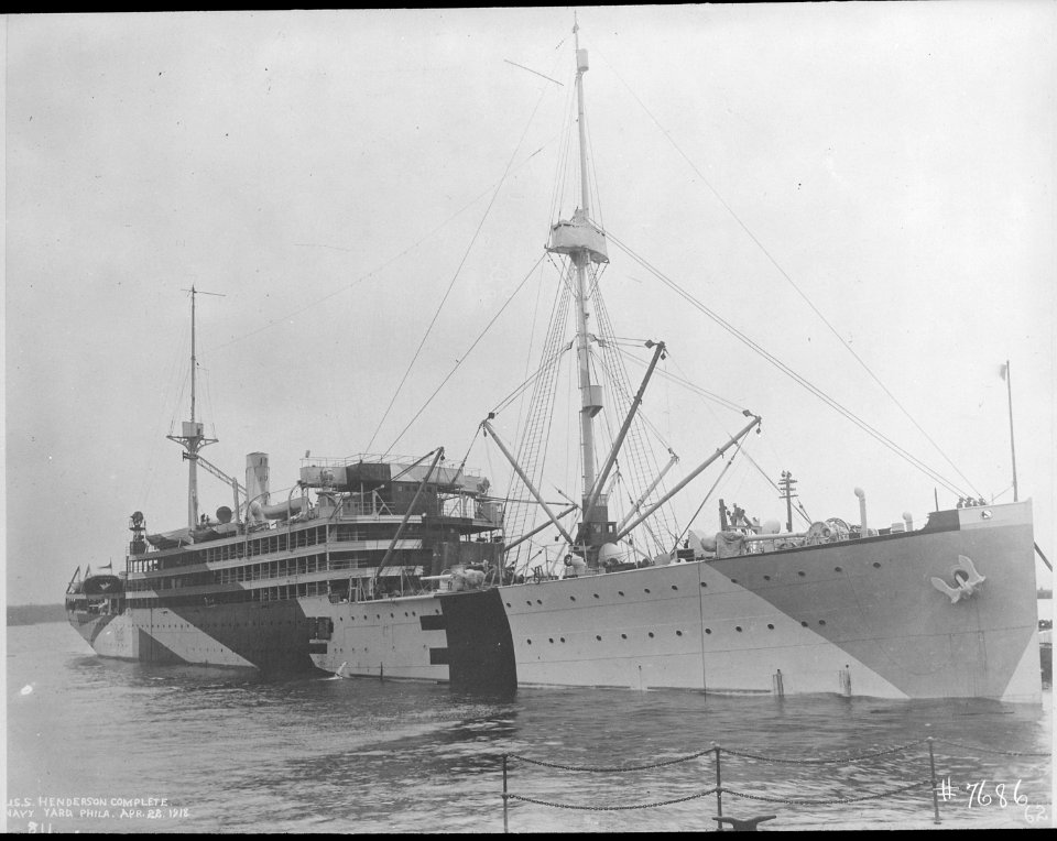 Henderson (AP1). Transport. Starboard bow, camouflaged, 04-28-1918 - NARA - 512961