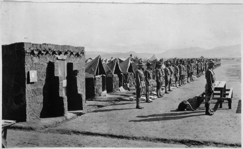 Inspecting packs, Company M, 16th Infantry., El Valle, Mexico, September 16, 1916. Orderly-room and bulletin board, in f - NARA - 533144