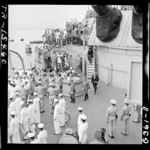 Japanese envoys leave the USS Missouri (BB-63) in Tokyo Bay, Japan, after signing surrender papers. - NARA - 520922
