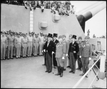 Japanese surrender signatories arrive aboard the USS MISSOURI in Tokyo Bay to participate in surrender ceremonies. - NARA - 531311