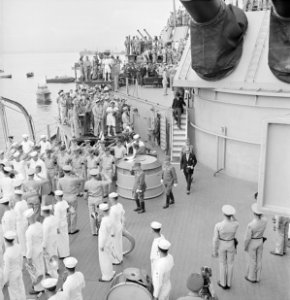 Japanese envoys leave the USS Missouri (BB-63) in Tokyo Bay, Japan, after signing surrender papers. - NARA - 520922 (cropped)