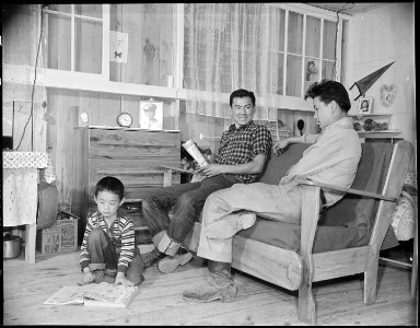 Jerome Relocation Center, Denson, Arkansas. A settee and chest of drawers built by Fred Hayarki (le . . . - NARA - 538881