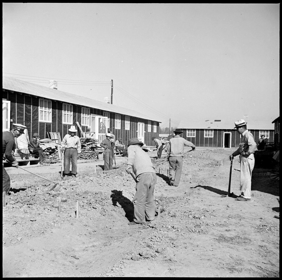 Jerome Relocation Center, Denson, Arkansas. Evacuee work crews preparing drainage ditches and walks . . . - NARA - 538840