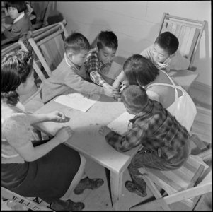 Jerome Relocation Center, Denson, Arkansas. In a pre-school class at the Jerome Center, young resid . . . - NARA - 539325