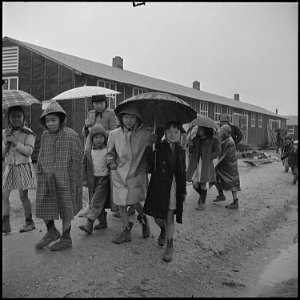 Jerome Relocation Center, Denson, Arkansas. Grade school children leaving the school, at the Jerome . . . - NARA - 539348