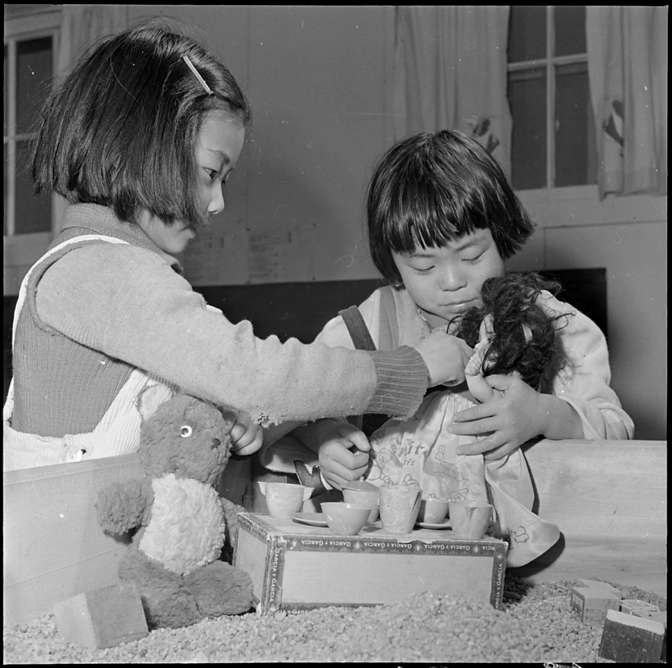Jerome Relocation Center, Denson, Arkansas. Playing in the sand box at the Jerome Center pre-school . . . - NARA - 539327