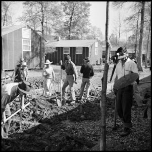 Jerome Relocation Center, Denson, Arkansas. Workers preparing drainage ditches in front of Block 7 . . . - NARA - 538838
