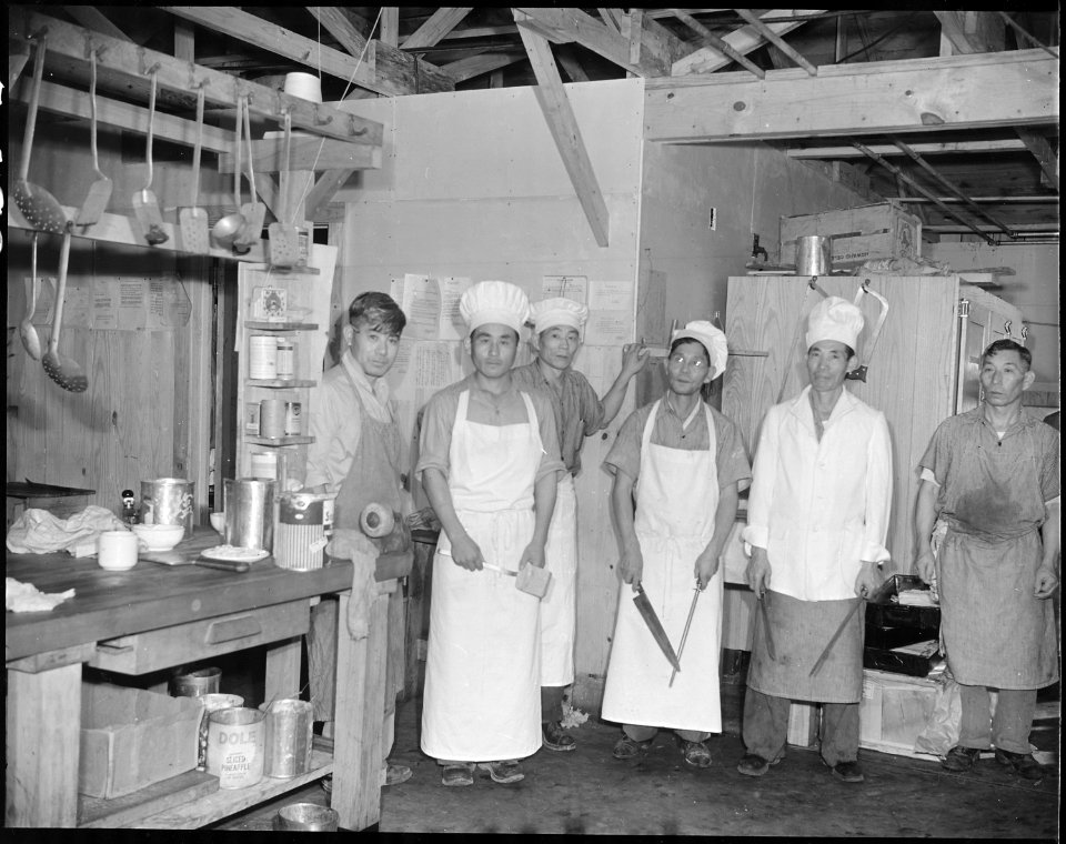 Jerome Relocation Center, Denson, Arkansas. The Block 7 kitchen crew pauses for a picture in the ea . . . - NARA - 538880