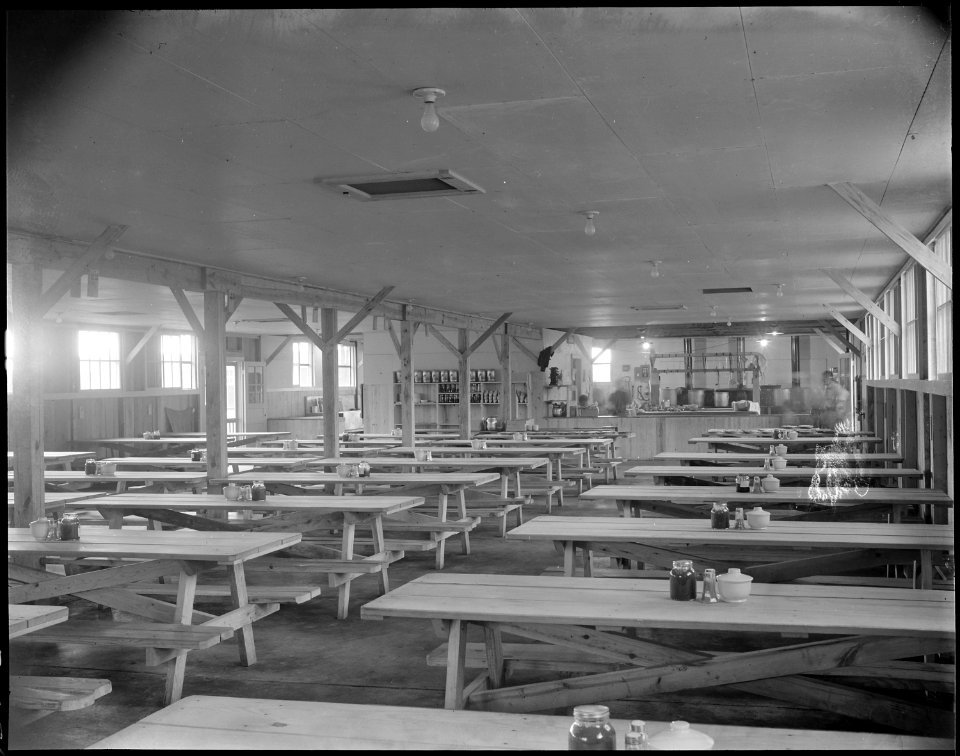 Jerome Relocation Center, Denson, Arkansas. The interior of the mess hall in Block 7 in the early a . . . - NARA - 538887