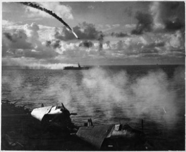Japanese plane shot down as it attempted to attack USS KITKUN BAY. Near Mariana Islands, - NARA - 520650