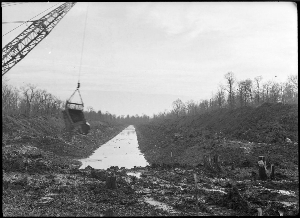 Jerome Relocation Center, Dermott, Arkansas. View of the completed excavation for the main dragline . . . - NARA - 537303