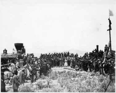Joining the tracks for the first transcontinental railroad, Promontory, Utah, Terr., 1869 - NARA - 513341 photo