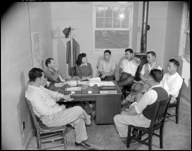 Jerome Relocation Center, Denson, Arkansas. Paul A. Taylor, Project Director, holding a conference . . . - NARA - 538854 photo