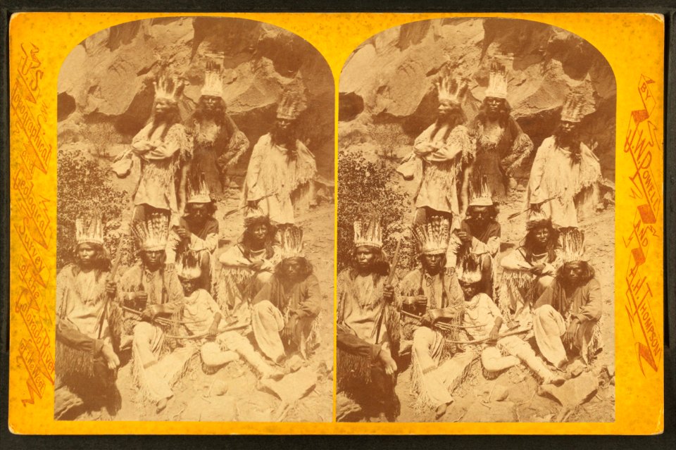 Kai-vav-its, a tribe of Pai Utes living on the Kai-bab Plateau near the Grand Cañon of the Colorado in Northern Arizona - group of men in full dress, by Hillers, John K., 1843-1925