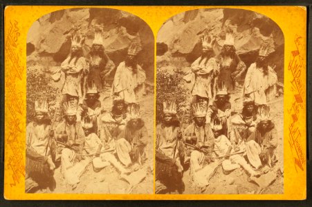 Kai-vav-its, a tribe of Pai Utes living on the Kai-bab Plateau near the Grand Cañon of the Colorado in Northern Arizona - group of men in full dress, by Hillers, John K., 1843-1925