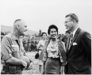 King Bhumibol and Queen Sirikit of Thailand visit the U.S. Army's 27th Infantry Wolfhounds near Korat, Thailand.... - NARA - 531437