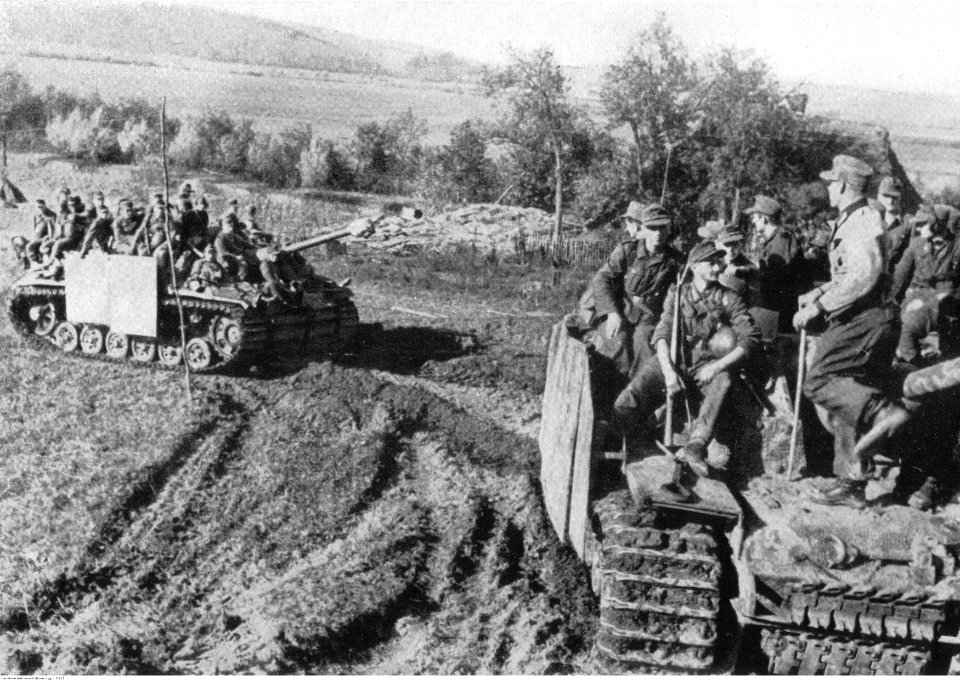 Kolumna niemieckich dział samobieżnych w rejonie przedgórza Karpat (2-815)