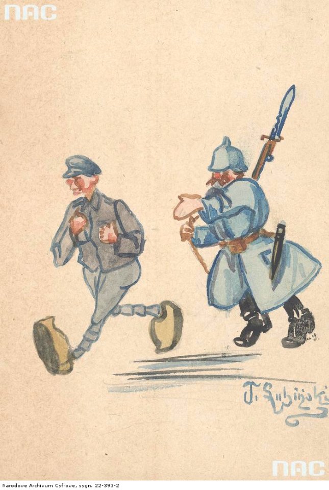 Kolorowe rysunki T. Łubińskiego przedstawiające sceny z życia internowanych legionistów (22-393-2)