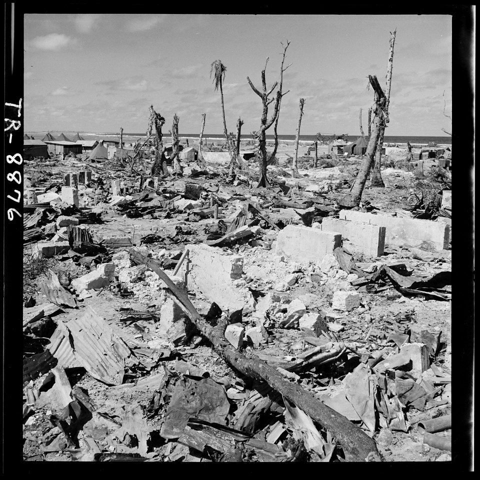 Kwajalein after its capture of Feb. 4, 1944, shows effects of Naval bombardment. - NARA - 520717