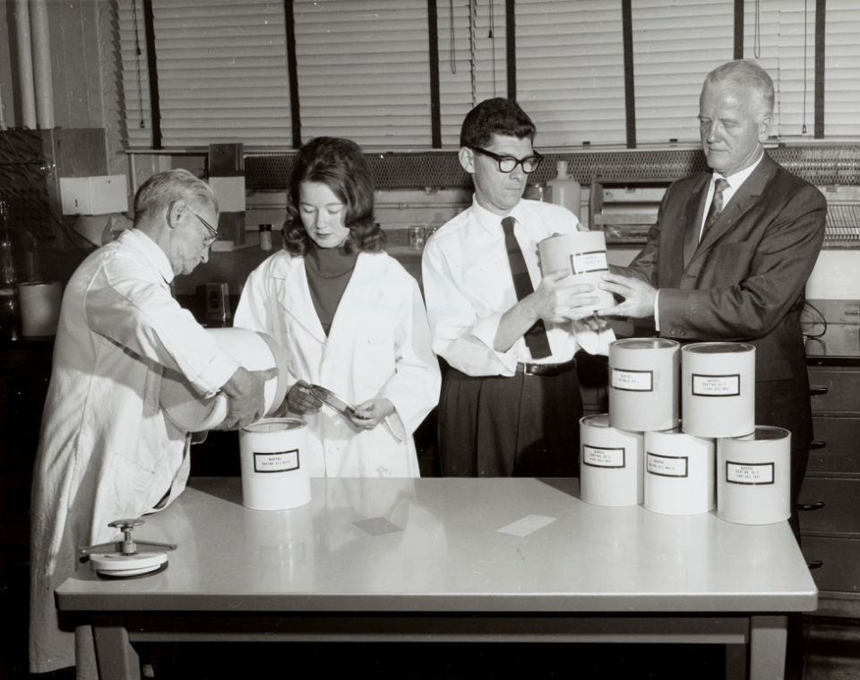 Laboratory staff examines first batches of new polymers 8049g5346
