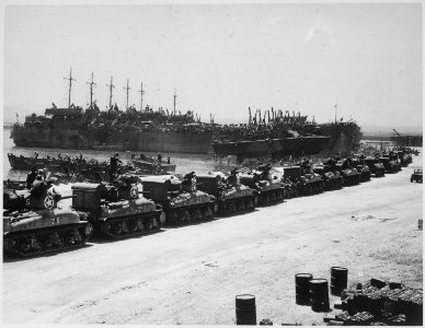 L.S.T's lined up and waiting for tanks to come aboard. Two days before invasion of Sicily. La Pecherie, French Naval... - NARA - 540074 photo
