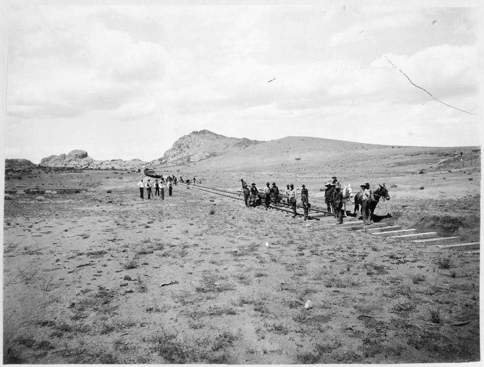 Laying tracks on the extreme front of Prescott and Eastern Railroad in Arizona Territory, ca. 1898 - NARA - 522969
