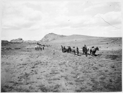 Laying tracks on the extreme front of Prescott and Eastern Railroad in Arizona Territory, ca. 1898 - NARA - 522969