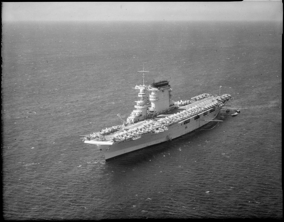 Lexington. Aerial, port bow, aircraft on deck - NARA - 520731