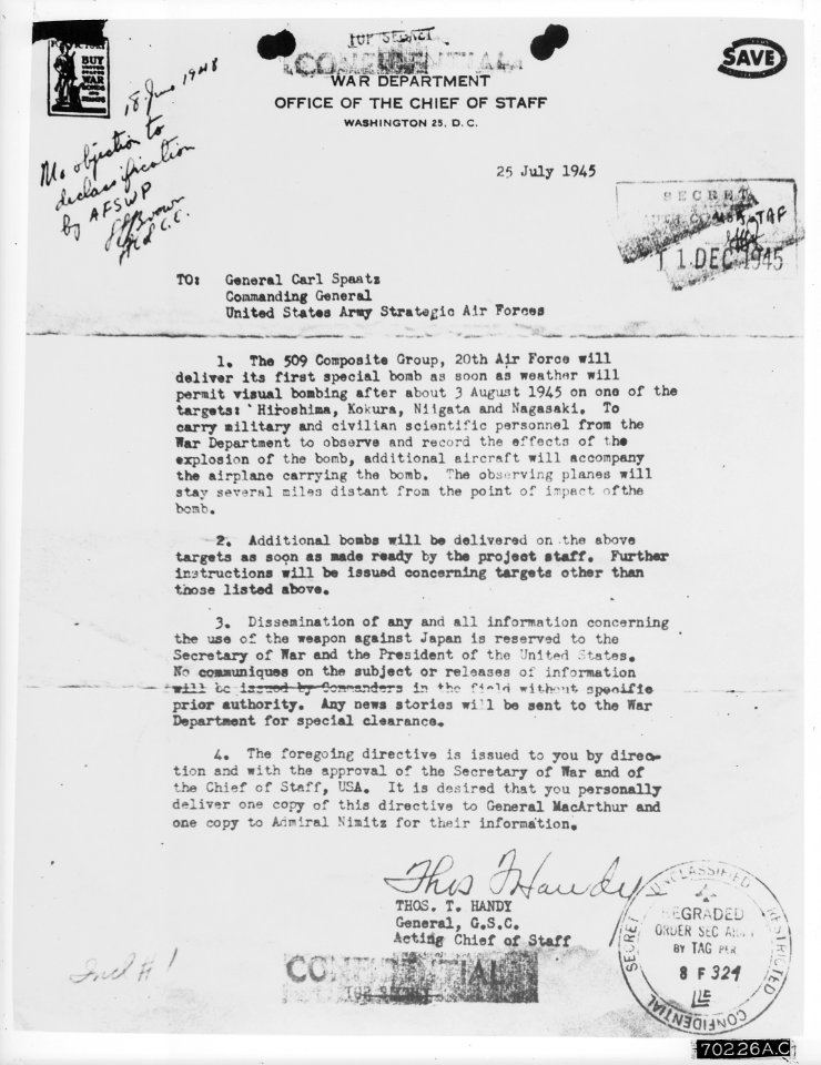 Letter received from General Thomas Handy to General Carl Spaatz authorizing the dropping of the first atomic bomb - NARA - 542193