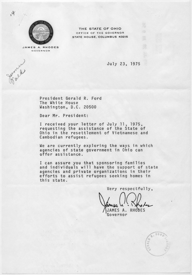 Letter from James A. Rhodes, Governor of Ohio, to President Gerald R. Ford concerning assistance by the State of Ohio... - NARA - 186682