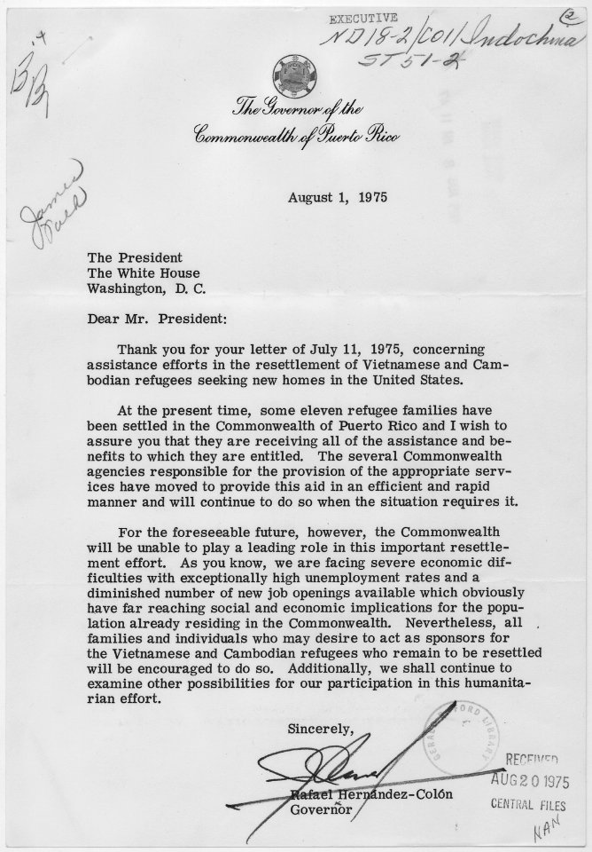Letter from Rafael Hernandez-Colon, Governor of the Commonwealth of Puerto Rico, to President Gerald R. Ford... - NARA - 186681