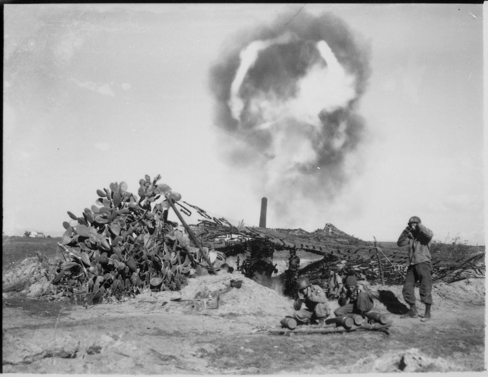Long Tom speaks. A 155mm gun (Long Tom) is fired by american troops. Nettuno area, Italy. - NARA - 531179