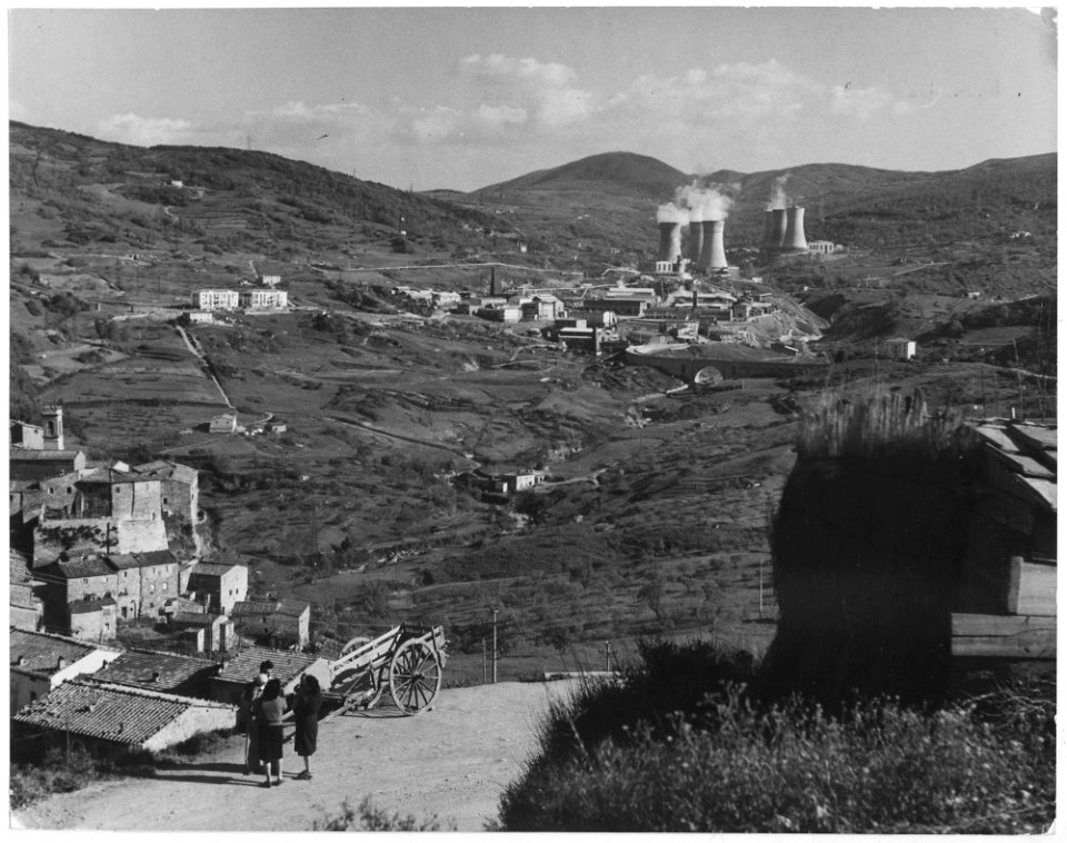 Larderello, Italy. The picture shows Larderello in the background with refrigerators and plant buildings. At left... - NARA - 541722
