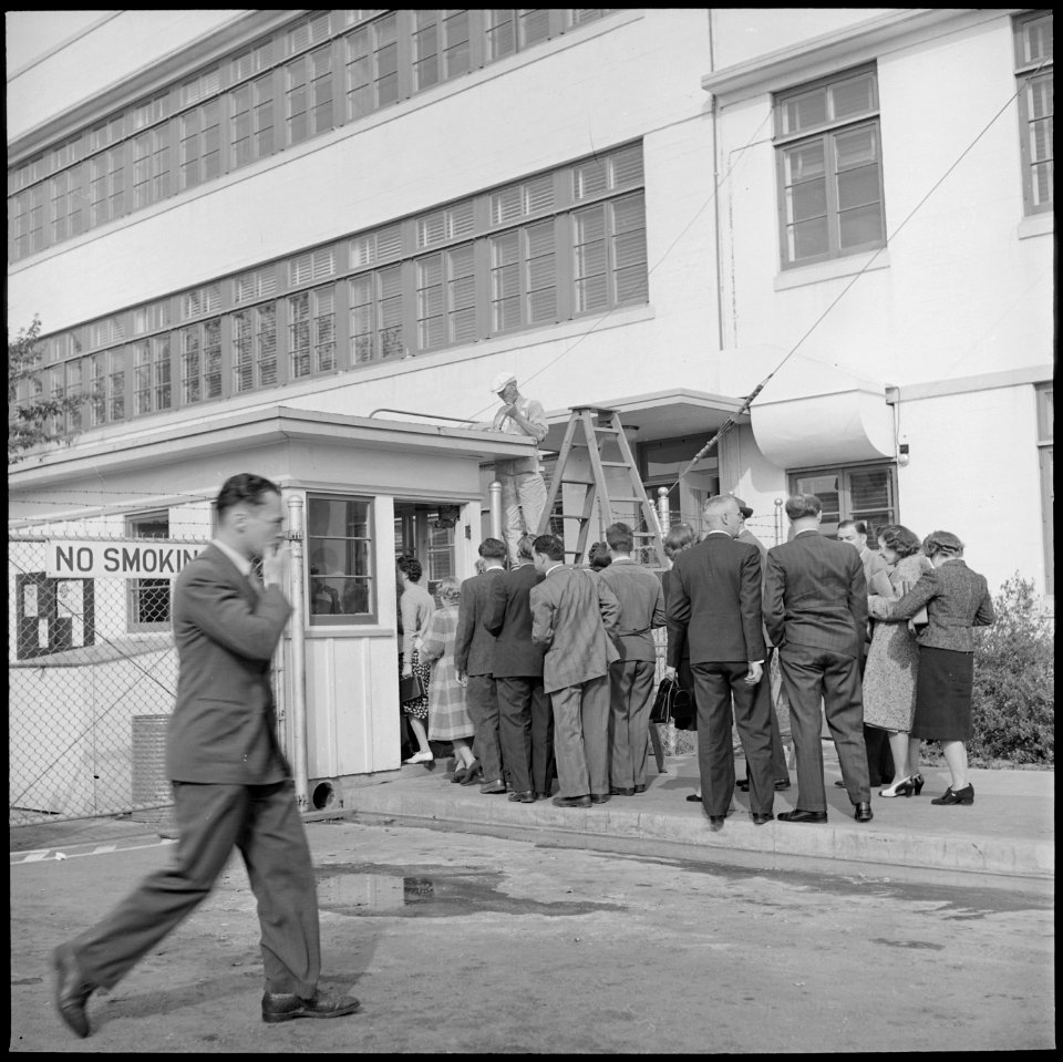 Los Angeles, California. Lockheed Employment. Employees at Lockheed must present identification to both army officers... - NARA - 532215