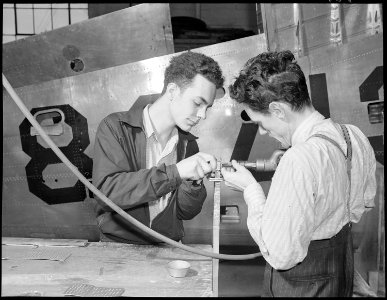 Los Angeles, California. Aircraft Schools. Two boys working on a riveting sampler as a problem on which they will be... - NARA - 532182