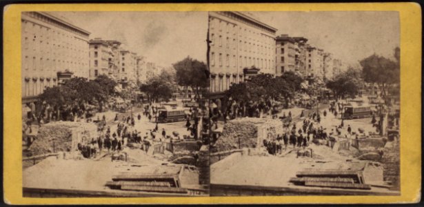 Looking up Broadway from the corner of Fulton Street, showing the ruins of Barnum's Museum, by E. & H.T. Anthony (Firm) 2