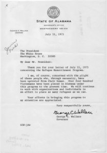 Letter from George C. Wallace, Governor of the State of Alabama, to President Gerald R. Ford concerning the Indochina... - NARA - 186684