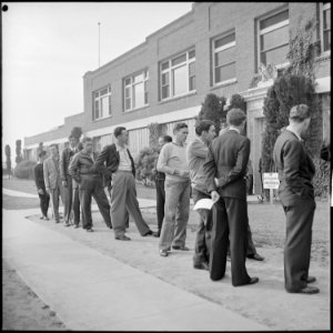 Los Angeles, California. Lockheed Employment. Eight o'clock in the morning, the end of the line of applicants for... - NARA - 532198 photo