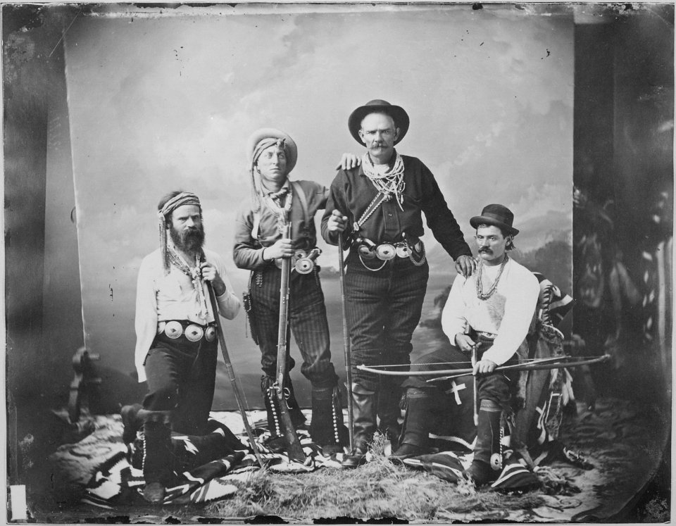 Major John Wesley Powell, Wild Hank Sharp, Kentucky Mountain Bill, and Jesus Alviso dressed as frontiersmen. - NARA - 523665