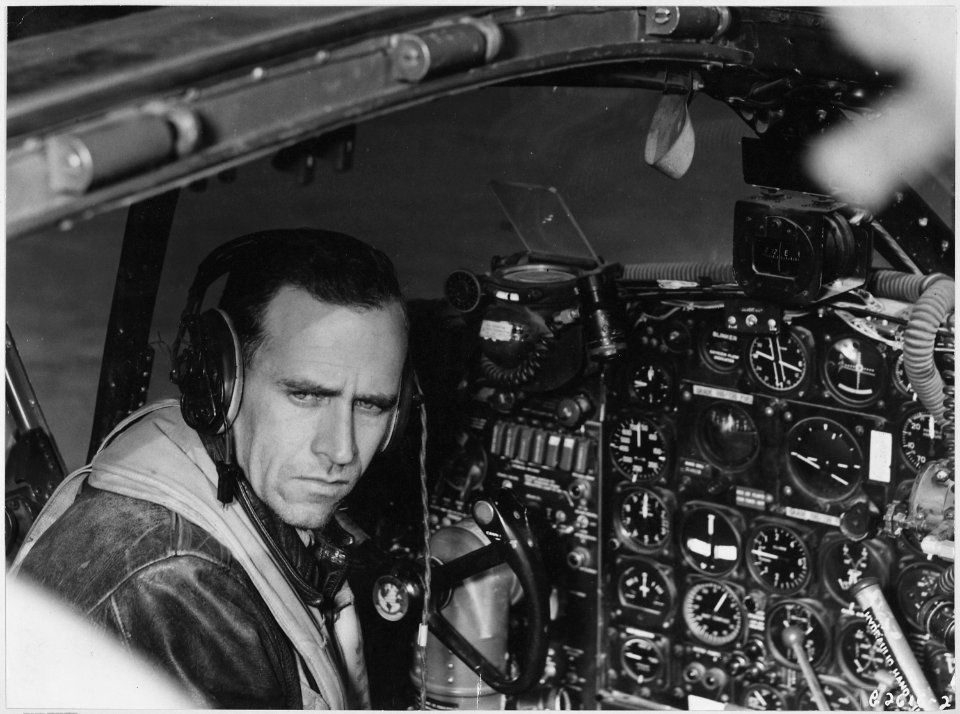 Looking grim and determined, veteran bomber pilot Capt. Criffis DeNeen, 18405 Patton Ave., Detroit, Mich., veteran of... - NARA - 542354