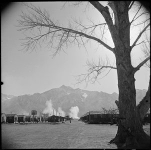 Manzanar Relocation Center, Manzanar, California. A view of the Manzanar Relocation Center, with M . . . - NARA - 536707