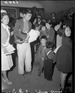 Manzanar Relocation Center, Manzanar, California. An evacuee family of Japanese descent is assisted . . . - NARA - 536236